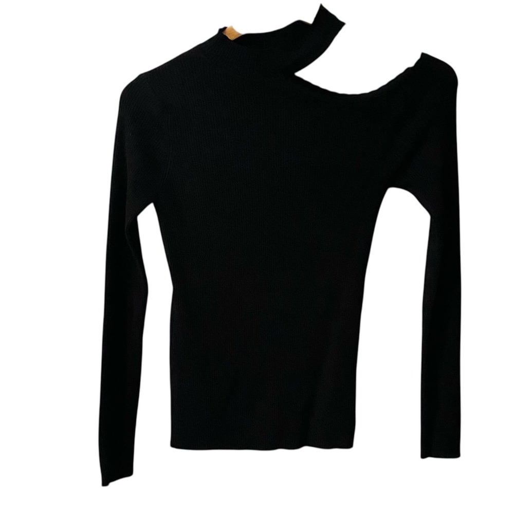 La Miel Womens Ribbed Cutout Shoulder Mock Neck Top Black Long Sleeve‎ Small